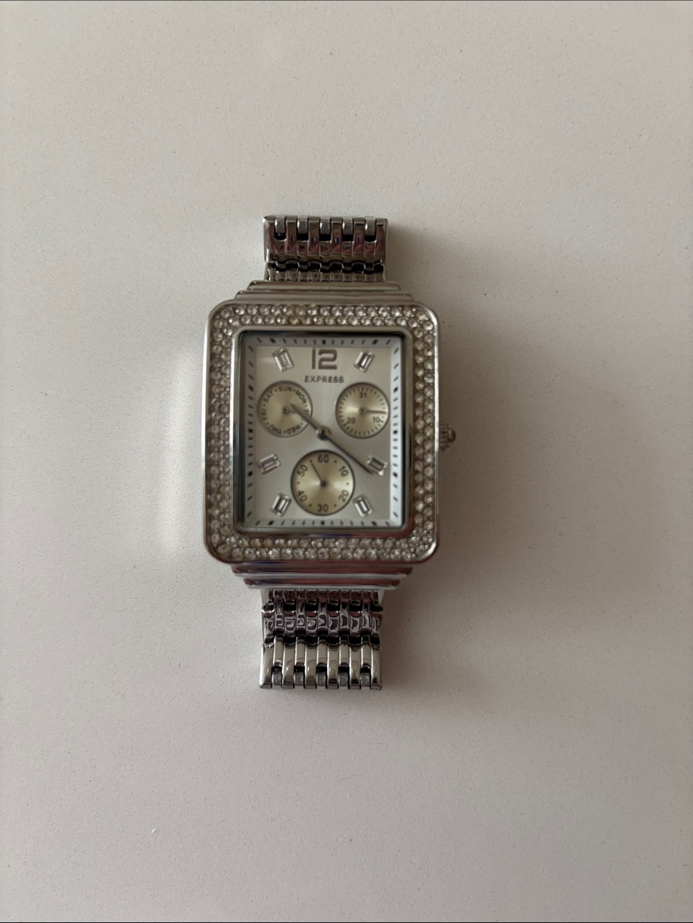 Express Silver-Tone Square Crystal Bezel Watch